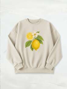 EMERY ROSE Lemon Print Casual Crew Neck Fleece Long Sleeve Sweatshirt, Suitable As A Gift For Friends, Autumn/Winter - Beige - View 3