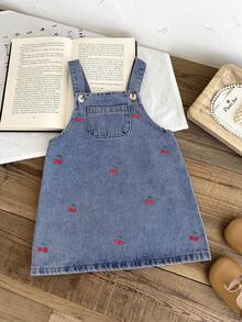 LMoss Kids 女婴樱桃图案蓝色休闲无袖牛仔背带裙 - 中等水洗藍 - 查看 5