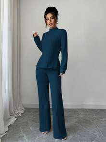 Elenzga 女士休闲长袖T恤长裤两件套，带保暖内衬，秋冬季 - 寶藍色 - 查看 4