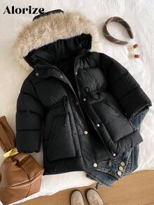 Sparklyn 女童（小号加厚外套，休闲百搭百搭风格，棕色中长款束腰，冬季 - 黑色 - 查看 3