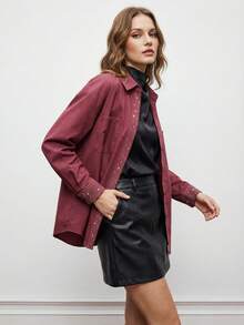 Maija Women's Casual Rhinestone Embellished Pocket Front Button Long Sleeve Shirt, Autumn, Winter, Christmas Party Shirt, New Year, Red Shirt, Thanksgiving Shirt, Elegant Party Shirt - Red Violet - View 1