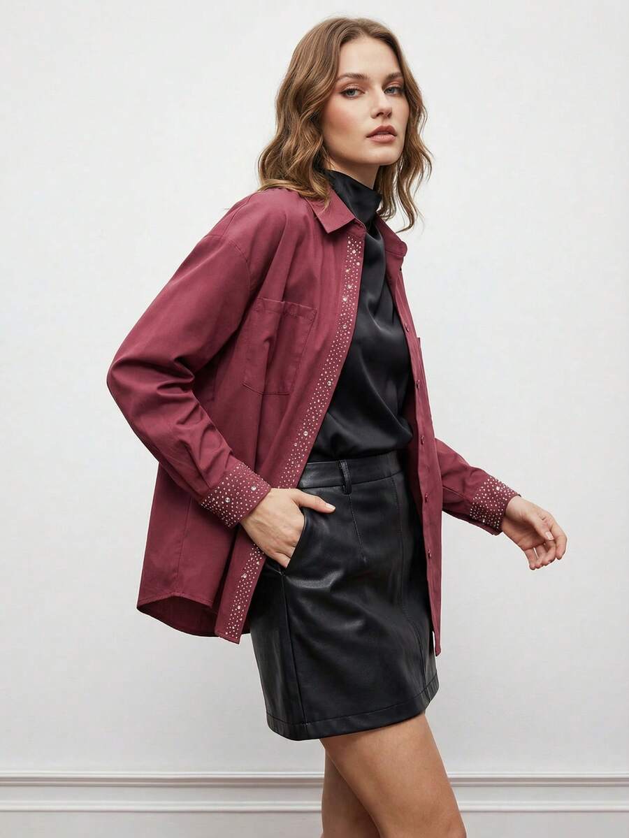Maija Women's Casual Rhinestone Embellished Pocket Front Button Long Sleeve Shirt, Autumn, Winter, Christmas Party Shirt, New Year, Red Shirt, Thanksgiving Shirt, Elegant Party Shirt - Red Violet - View 1