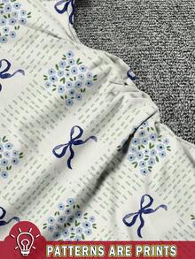 Resyla Camiseta Feminina de Manga Curta com Gola Redonda, Cintura Franzida e Estampa Floral Miúda com Laço - Multicolorido - Visão 4