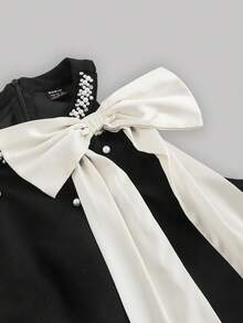 SHEIN MOD 女士黑色迷你连衣裙，饰有白色蝴蝶结和珍珠，冬季短款连衣裙，正式场合连衣裙，节日连衣裙，派对连衣裙，新年晚礼服