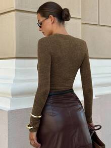Lavishia Women's Crew Neck Ribbed Long Sleeve Fitted Knit T-Shirt, Versatile - Chocolate Brown - View 2