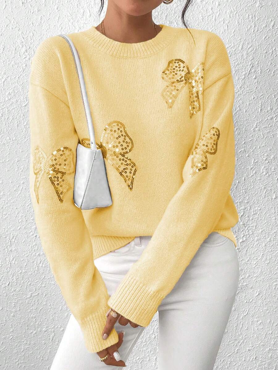 EMERY ROSE Crew Neck Pullover Autumn/Winter Top, Pink Butterfly Sequin Embroidered Sweater - Light Yellow - View 1