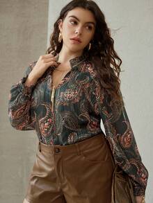 MOTF PREMIUM 佩斯利印花长袖衬衫，波西米亚风，秋冬季 - 綠色 - 查看 6