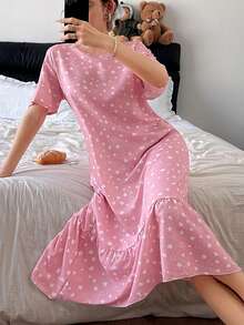 SHEIN Women's Romantic & Fresh Star & Heart Print Loose Knit Ruffle Hem Long Nightgown - Pink - View 3