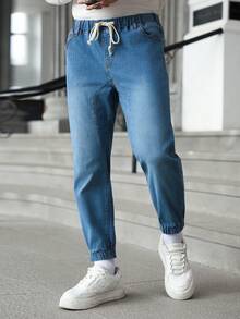 Manfinity Homme Men's Drawstring Waist Pockets Straight Loose Casual Versatile Jeans - Blue - View 4