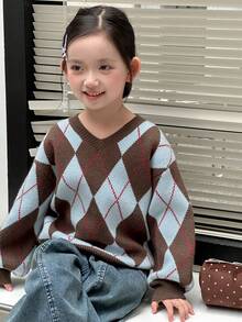 DAZY Girls Vintage V-Neck Argyle Patchwork Pullover Sweater Top, Young Girl Fall Fashion - Coffee Brown - View 8