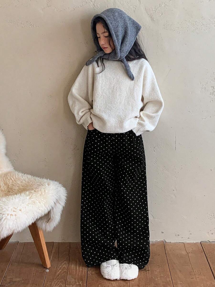 DAZY Tween Girls Polka Dot Print Wide Leg Jeans, Fall - Black - View 1