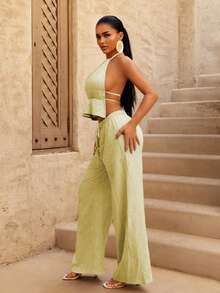 Sirith 女士度假纯色荷叶边吊带上衣和阔腿裤两件套 - 杏色 - 查看 4