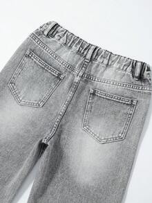 Sparklyn 少女浅灰色带口袋宽松阔腿牛仔裤，适合日常休闲穿着 - 淺灰色 - 查看 7