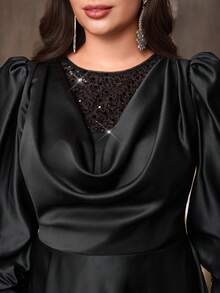 Aureia Plus Size Elegant Romantic Black Ruffle Collar Puff Sleeve A-Line Dress, Suitable For Wedding, Party, Celebration, Formal Evening Gown