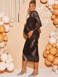 Loomaby 优雅孕妇派对紧身连衣裙 - 咖啡棕 - 查看 4