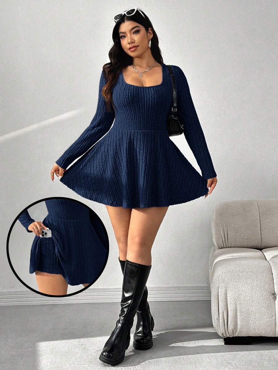 SHEIN EZwear 大码藏蓝色长袖连体裤,秋季休闲款 - 寶藍色 - 查看 1