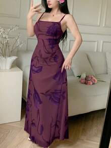 Modelyn Vestido casual de verano para mujer con estampado floral de malla, tirantes finos y volantes en la cintura - Burdeos - Ver 3