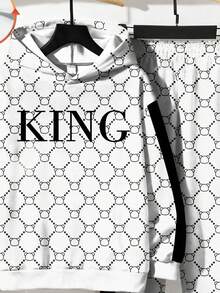 2 件 KING 青少年男孩休闲简约长袖连帽运动衫套装，适合秋冬季 - 彩色 - 查看 5