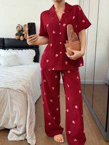 SHEIN 条纹爱心印花翻领短袖裤装女士睡衣套装 - 紅色 - 查看 5