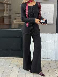 DAZY Women's Solid Color Front Tie Long Sleeve Top And Flare Pants Casual 2 Pieces Set - Black - View 1