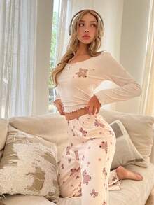 ZzzCrew 熊图案纽扣装饰长袖上衣和裤子女士睡衣套装，秋冬服装 - 米色 - 查看 6