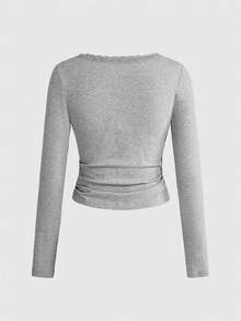 ROMWE J-Fashion 可爱小鹿刺绣蕾丝上衣搭配小鹿印花喇叭裤，秋冬装扮 - 淺灰色 - 查看 7