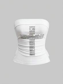 ROMWE J-Fashion Áo thun nữ Y2K đính đá chéo, viền đen, không dây, có dây rút - trắng - Xem 1