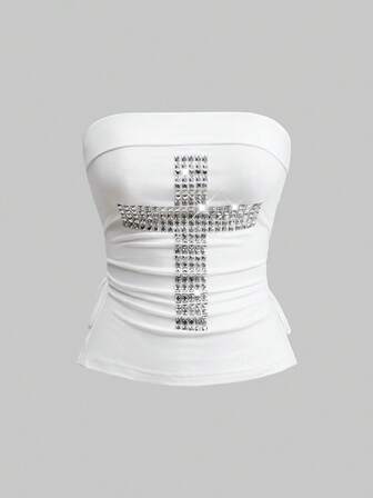 J-Fashion Top corto nero da donna con decorazioni a croce e strass, scollo a fascia, coulisse e spacco sul fondo, stile Y2K