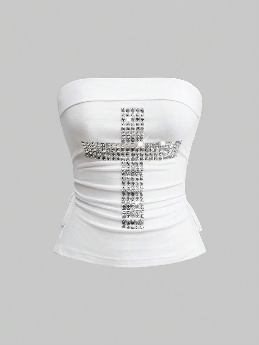 ROMWE J-Fashion Áo thun nữ Y2K đính đá chéo, viền đen, không dây, có dây rút - trắng - Xem 1