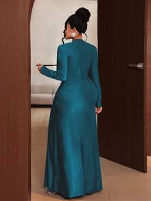 Maweii 大码女式不对称领口扭结开衩性感优雅连衣裙，秋季 - 水鴨藍 - 查看 2