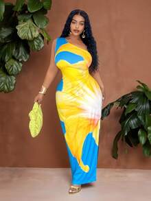 Veslaya Plus Size Slim Fit Long Casual Shoulder Print Vacation Dress, Spring/Summer - Blue - View 2