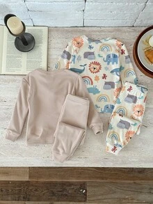 Pixure   Snug Fit 4pcs Baby Boy Knitted Cute Animal Pattern Round Neck Bodysuit & Pants Pajama Set, Toddler Sleep Wear Pajama Baby Set Neutral Baby Clothes Unisex - Multicolor - View 2