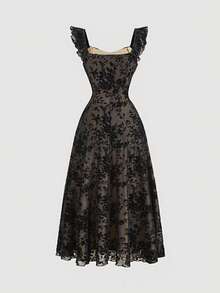 SHEIN MOD Váy ren viền bèo họa tiết hoa dành cho nữ, Váy trang trọng, Váy dạ hội, Trang phục du ngoạn cho nữ, Váy Halloween, Trang phục thập niên 90, Váy dạ hội, Váy phù dâu, Trang phục đi biển cho nữ, Váy phù thủy, Váy bèo, Váy ren đen, Váy thời Phục Hưng - màu đen - Xem 2