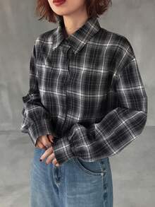 FRIFUL 女士格子长袖纽扣衬衫和褶裥吊带背心休闲两件套