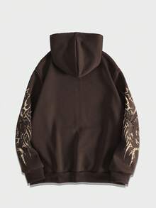 ROMWE MEN Áo nỉ có mũ rộng rãi, túi khóa kéo in họa tiết ngọn lửa dành cho nam - Cà phê nâu - Xem 2