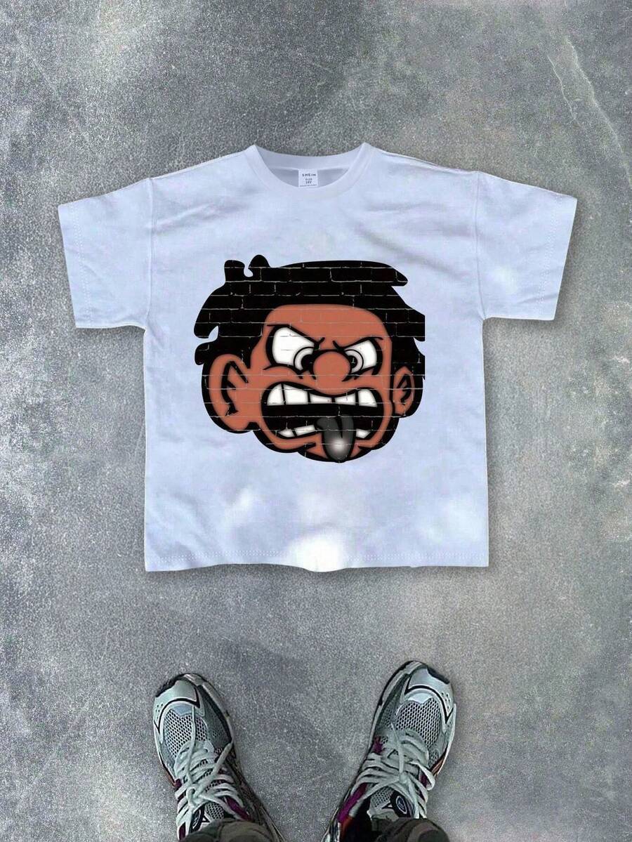 SHEIN Coolqubz 青少年男孩休闲卡通印花 T 恤，夏季 - 白色 - 查看 1