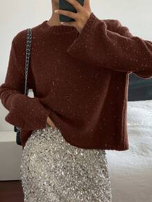 Livesso Women's Casual Sequin Crew Neck Sweater, Autumn - Coffee Brown - View 3