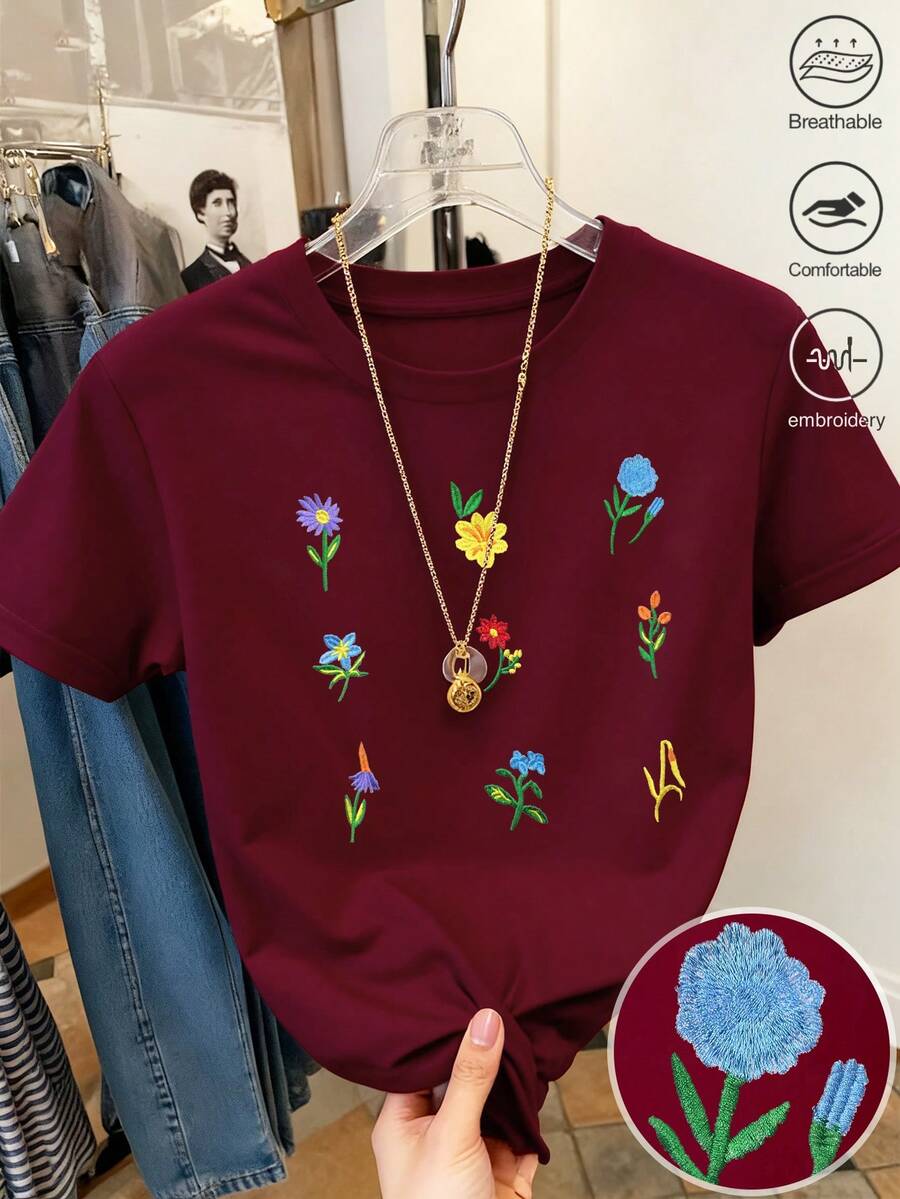 Resyla Kaos Wanita Lengan Pendek Leher Bulat Minimalis dengan Bordir Bunga, Hadiah untuk Teman - Burgundy - View 1