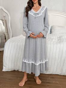 Moonlight&Mama Váy ngủ bà bầu dài tay viền ren tương phản dệt kim thoải mái, mùa đông - Màu Xám nhạt - Xem 7