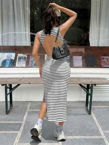 SHEIN EZwear 女式条纹侧开衩露背休闲连衣裙 - 黑與白 - 查看 1
