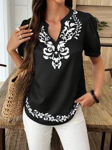 SHEIN LUNE Áo sơ mi cổ khoét họa tiết hoa thường ngày dành cho nữ khi đi nghỉ - màu đen - Xem 4