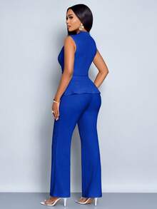 SOLERSUN 女款杏色优雅V领长袖T恤阔腿裤两件套不对称下摆两件套日常休闲女装春夏无袖短袖 - 寶藍色 - 查看 2