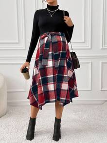 SHEIN Cherish Maternity 秋冬季罗纹拼接格纹系带连衣裙 - 紅色 - 查看 3