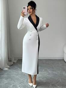 EMERY ROSE Đầm dài tay dáng midi nữ màu trắng đen phối khuy kim loại, thích hợp mặc hàng ngày đi làm, đi chơi hoặc hẹn hò. - Đen và trắng - Xem 6