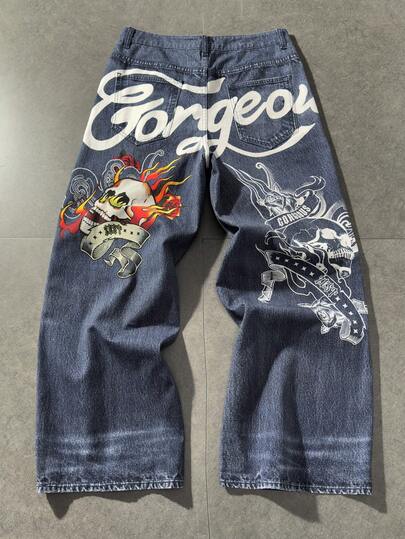 Street Life Jeans décontractés à jambe large avec motif de lettre et de crâne pour hommes