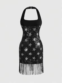 ROMWE Avant Star Sequin Tassel Fitted Mini Dress For Party - Black - View 2