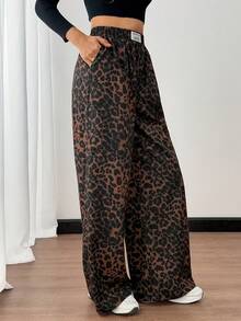 SHEIN Tall 女士豹纹编织腰带拼接阔腿街头裤 - 咖啡棕 - 查看 5