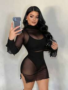 SHEIN SXY 时尚性感透视网纱立领喇叭袖迷你连衣裙 - 黑色 - 查看 7