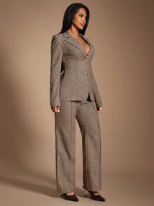 Radiana Bộ vest len họa tiết răng sói màu nâu thanh lịch cổ điển dành cho nữ, áo khoác blazer đính cúc hoa vàng + quần ống loe ôm 2 mảnh, trang phục công sở trang trọng, phù hợp để đi làm, đi làm, đi tiệc, mặc hàng ngày, vừa vặn - màu nâu - Xem 3