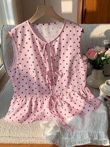 Comfortcana 女士休闲粉黑波点印花系带无袖衬衫，夏季粉色荷叶边上衣，优雅，适合度假、休闲、Y2K风格，春夏情人节、海滩生日派对、婚礼外出等场合。 - 粉色 - 查看 6